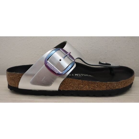 Birkenstock Women's EUR 37 US 6 Metallic Silver Leather Gizeh Big Buckle Sandals - Picture 5 of 15